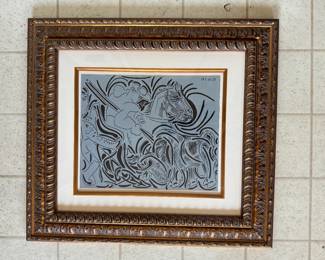 #104 ----	
ARTIST: Pablo Picasso 
TITLE:	Pique
MEDIUM:	Framed Linocut in colors on wove paper after the original.
EDITION:	Rare first edition. Published by Gallery Louise Leiris in Paris, 1962.
CANVAS SIZE: 273mm x 328mm
COA: Yes
