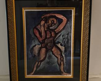 #124 ----	
ARTIST: Georges Rouault
TITLE:	L'Acrobate X
MEDIUM:	Framed lithograph in colors on thick wove paper after the original. Executed under the supervision of Isabelle Rouault.
EDITION:	From the first edition printed in Italy c.1975. Scarce
CANVAS SIZE: 264mm x 333mm
COA: Yes
