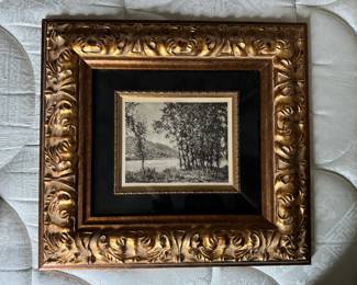 #40 ----	
ARTIST: Claude Monet
TITLE:	Villez, Pres Vernon
MEDIUM:	Framed copper plate engraving printed in black ink on wove paper after the original. 
EDITION:	Executed in Paris c. 1920. Very Scarce
CANVAS SIZE: 130mm x 166mm
COA: Yes