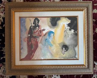 #105 ----	
ARTIST: Salvador Dali
TITLE:	Iesu Nativitas (From the suite Biblia Sacra) Ref; Field 69.3.5-2, ML 1600
MEDIUM:	Framed original mixed media color lithograph printed on heavy rag paper
EDITION:	First State. First Printing, 1964. Published by Rizzoli Editions in Milan Italy. Scarce
CANVAS SIZE: 349mm x 482mm
COA: Yes