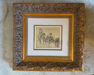 #65 ----	
ARTIST: Edgar Degas
TITLE:	Femmes Nues
MEDIUM:	Framed hand colored engraving on watermarked B.F.K. Rives wove paper. 
EDITION:	First Edition. Printed and colored in Paris, 1936. Extremely Rare
CANVAS SIZE: 210mm x 275mm 
COA: Yes