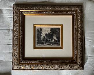 #47 ----	
ARTIST: Emile Van Marcke De Lumen
TITLE:	La Ferme
MEDIUM:	Framed Etching in black ink on fine watermarked laid paper. Hand pulled from the copper plated executed in Paris.
EDITION:	Extremely Rare. First Printing, 1873
CANVAS SIZE: 140mm x 160mm 
COA: Yes