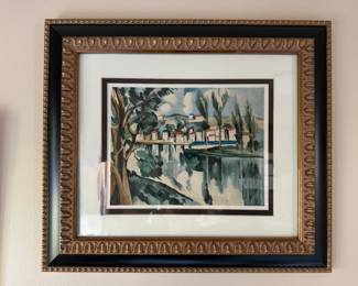 #82 ----	
ARTIST: Maurice De Vlaminck
TITLE:	La Seine a Chatou
MEDIUM:	Framed lithograph in colors on wove paper. Signed on the stone by the artist.
EDITION:	First Edition. Printed by Mourlot in Paris, 1958
CANVAS SIZE: 242mm x 311mm 
COA: Yes