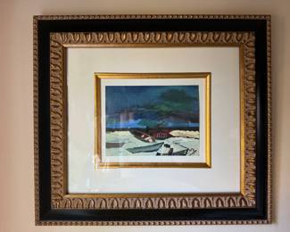 #83 ----	
ARTIST: Georges Braque
TITLE:	Le Gros Nuage
MEDIUM:	Framed offset lithograph in colors on wove paper.
EDITION:	Printed by Mourlot, Paris in 1952.
CANVAS SIZE: 130mm x 170mm
COA: Yes