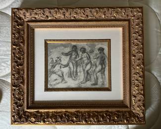 #39 ----	
ARTIST: Pierre Augsted Renoir
TITLE:	Le Jugement De Paris
MEDIUM:	Framed Original coppr plate engraving in black ink on Arches wove paper
EDITION:	First Edition. One of 375 examples published by Ambroise Volard and executed by Emile Fequet in Paris on the 15th of December 1919. Scarce.
CANVAS SIZE: 250mm x 325mm 
COA: Yes