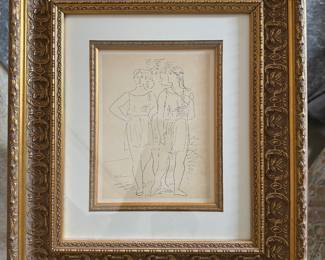 #16 ----	
ARTIST: Pablo Picasso
TITLE:	Trois Danseurs Dans Le Conversation
MEDIUM:	Framed Lithograph on Arches watermarked paper
EDITION:	From the very rare first state. One of only 100 examples printed in Paris 1926
CANVAS SIZE: 200mm x 256mm
COA: Yes