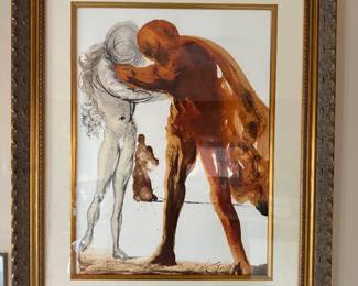 #81 ----	
ARTIST: Salvador Dali
TITLE:	Filius Prodigus (From the suite Biblia Sacra) Ref; Field 69.3.4-8, ML 1600
MEDIUM:	Framed original mixed media color lithograph printed on heavy rag paper.
EDITION:	First State. First Printing, 1964. Published by Rizzoli Editions in Milan Italy. Scarce
CANVAS SIZE: 349mm x 482mm
COA: Yes