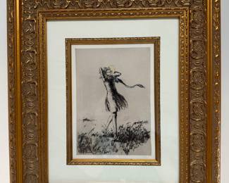 #7 ----	
ARTIST: Louis Icart
TITLE:	Carefree
MEDIUM:	Framed Original etching printed in colors on BFK Rives wove paper.
EDITION:	First State, First Printing. Published by Editions Excelsior, Paris in 1926. Scarce
CANVAS SIZE: 155mm x 220mm 
COA: Yes
