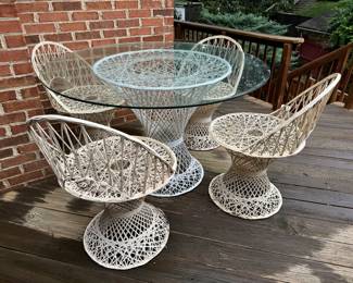 MCM Russell Woodward spun fiberglass patio set (Glass - 42"D / Table Base - 32"D x 28"H, Chair (4 total) - 20"D x 20"W x 37" Back Height)