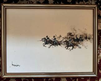 #114 ----	
ARTIST: Brandon Cross
TITLE:	War of Independence Scene
MEDIUM:	Framed original oil on canvas. Signed by the artist on the lower left.
EDITION:	A unique work executed by the artist. 
FRAMED SIZE: 25"H x 33"W
COA: No