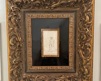 #12 ----	
ARTIST: Leonardo da Vinci
TITLE:	Standing Man Ref: Brunet V:1257; Graesse VI:327; Cicognara 232; Gamba 1164; Testi 1466.
MEDIUM:	Framed Original Etching in black ink on thin laid paper. Executed through collaboration of Nicholas Poussin and Charles Errard from the design of Leonardo da Vinci.
EDITION:	Very scarce. Conceived between 1490-1513 by Leonardo da Vinci and published by Raffaelle du Fresne c.1651. 
CANVAS SIZE: 110mm x 180mm 
COA: Yes