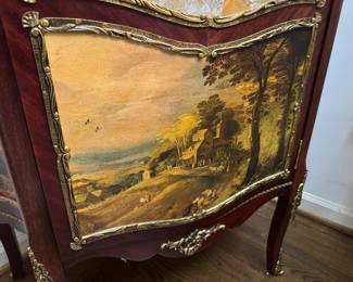 French Louis XV Style 1 Door Curio Cabinet with Hand Painted Lower Base Motif (33"W x 67"H x 13"D)