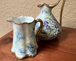 Haviland France Blue and White/Gold Trim Floral Creamer Pitcher