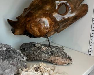 Polished Burl Wood Slice Sculpture, Assortment of Unique Snail Shells, Amethyst Geode