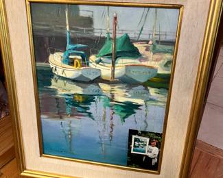 Framed Painting of Docked Boats by Dianne Dunn
