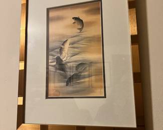 Framed & Matted Japanese Print “Jumping Carp in Mountain River"
