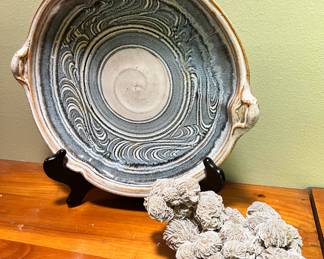 Tumbled Desert Rose Cluster, Blue/Cream Swirl Pattern Pottery Platter with Handles