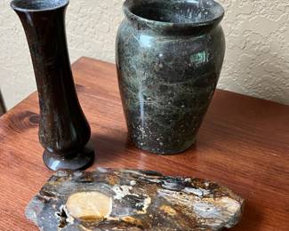 Black Marble Bud Vase Made by D. Pitman, Dark Green Marble Vase, Petrified Wood Slab