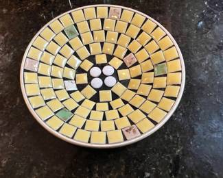 Mid Century Modern Green Yellow Mosaic Tile Round Trinket Tray
