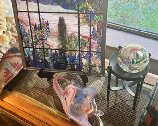 Louis Comfort Tiffany’s View of Oyster Bay Stained Glass Panel, Murano Glass Pink Swan Trinket Dish, Blown Art Glass Multicolored Sphere