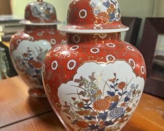 Red Porcelain Otagiri Ginger Jar with Floral Design