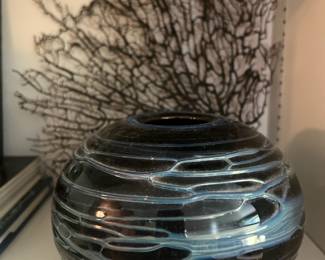Art Glass Black and Blue Veined Round Vase