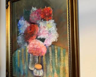 Bouquet Still Life Oil Painting by Jane Mayer with Gold Tone Ornate Frame