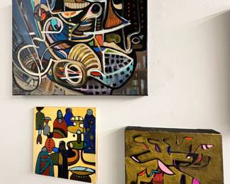 Acrylic on Cradleboard Painting "IndigenousIV" by Jane Mayer, Abstract Acrylic Painting of Shoes by Jane Mayer