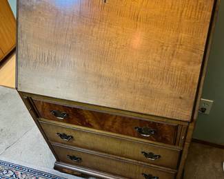 Berkey & Gay Furniture Burl & Tiger Oak Drop Front Secretary Desk 