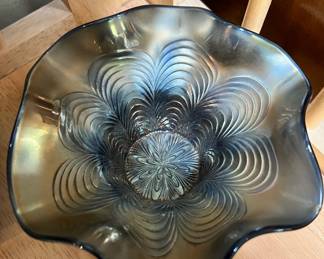  Carnival Glass Peacock Tail Ruffled Hat Centerpiece Bowl 