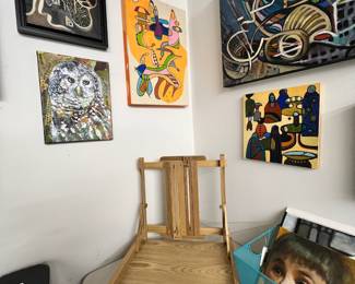 Art Case with Attached Paint Easel, Framed Acrylic Painting on Canvas "Fallacy" by Jane Mayer, Cubist Abstract Painting by Jane Mayer, Mixed Media Artwork "If Not You, Than Who?" by Jane Mayer, Acrylic on Cradleboard Painting "IndigenousIV" by Jane Mayer
