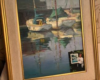 Framed Painting of Docked Boats by Dianne Dunn