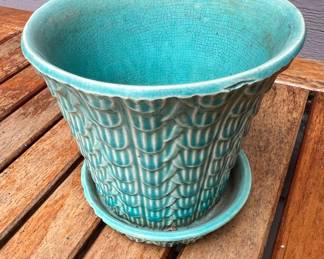 Turquoise  N McCoy Ceramic Fish Scale Design Planter with Attached Saucer