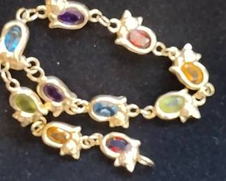 14k gold kitty and gemstone bracelet. Citrine, amethyst, peridot, garnet, blue topaz