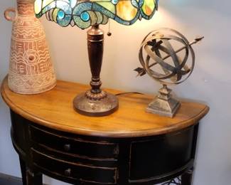 stained glass lamp and half round table with other goodies 