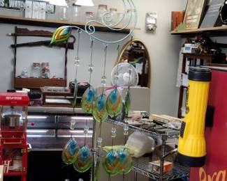 hanging peacock windchime with glass tail feathers 