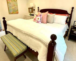 Suters King Bed...BEAUTIFUL! Antique Bench, Original mixed media art, Matouk, Yves Delorme bedding 