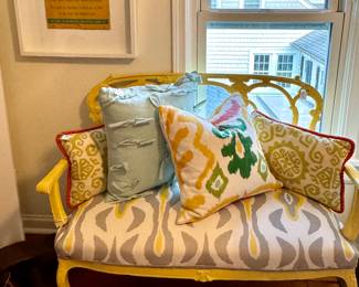 Painted vintage settee...Throw pillows, super cute, No trespassing art...