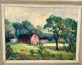 Carl Illig (1910-1987) "Red Barn" oil on board