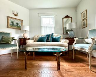 Hollywood Regency Coffee Table, Kellogg Collection sofa, Antique Marble Top Side Tables, Kate Spade Lamp, Jay Connaway (1893-1970) oil on board