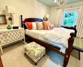 Global Views dresser, custom footstool, John Clymer oil on canvas, custom area rug,  Antique Bench (Bed has been sold)