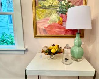 West Elm Table/Desk, Shades of Light Celedon Lamp, STONE FRUIT w/bowl, glass domes and an original still life - oil on canvas - unsigned
