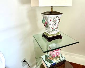 Modern Glass side table, tole planters, BOOKS