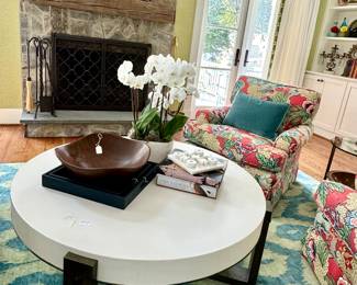 Lillian August Coffee Table, Thibaut Covered club chairs, LIKE NEW Rug 12' x 9'