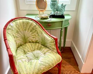 Super cute MCM bamboo chair, tons of amazing throw rugs, Regency gold mirror with duck feet, vintage Saks clutch... 