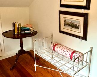Antique iron bench, Pie table, lithographs of old Richmond....