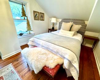 Upholstered bench, Anthropology bird art, metal trees, Crate and Barrel Headboard and Full Size Bed with bedding