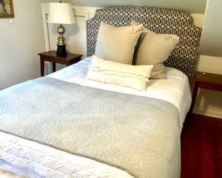 Full Size Bed with Crate and Barrel headboard., matching antique side tables, brass lamps, NEW bedding