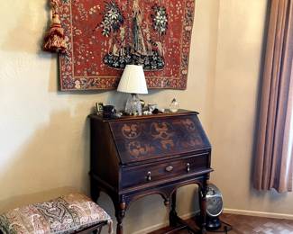 Antique Secretary Desk and Wonderful Wall Hanging Tapestry