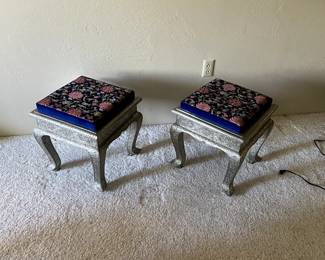 Incredible pair of antique stools with beautiful fabric